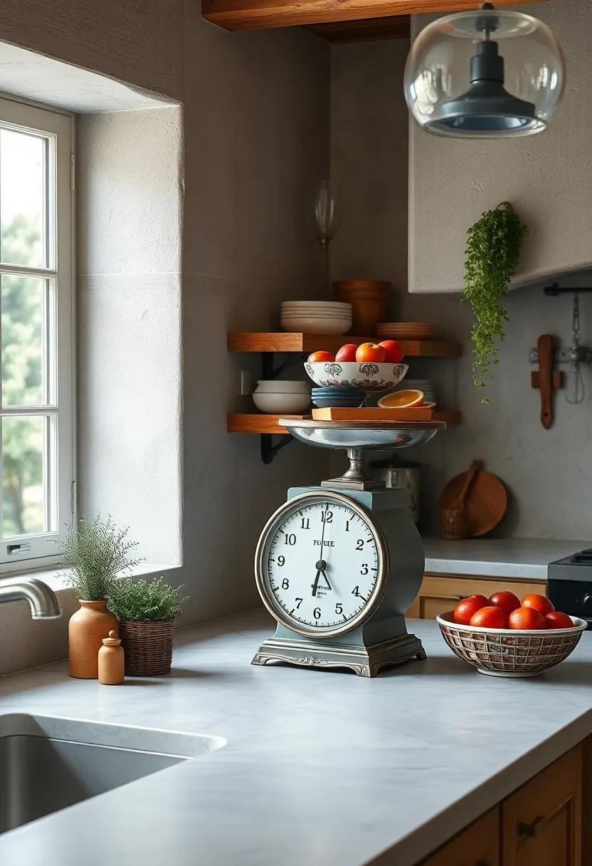 Vintage Scale: Utilize a decorative vintage scale as a functional and eye-catching piece that highlights your passion for cooking