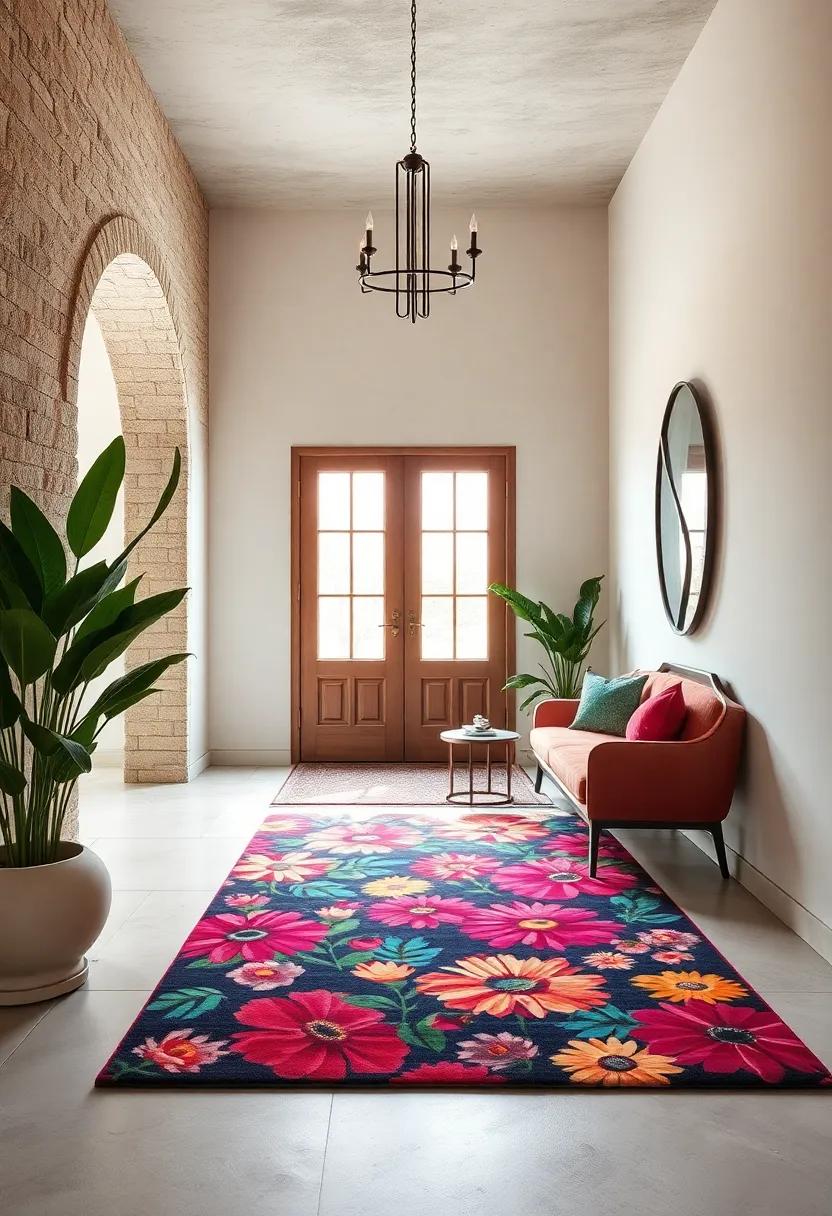 Showcase your ⁣personal style with a bold, brightly colored floral rug that energizes a minimalist entryway, adding a burst ‌of character right from the first step