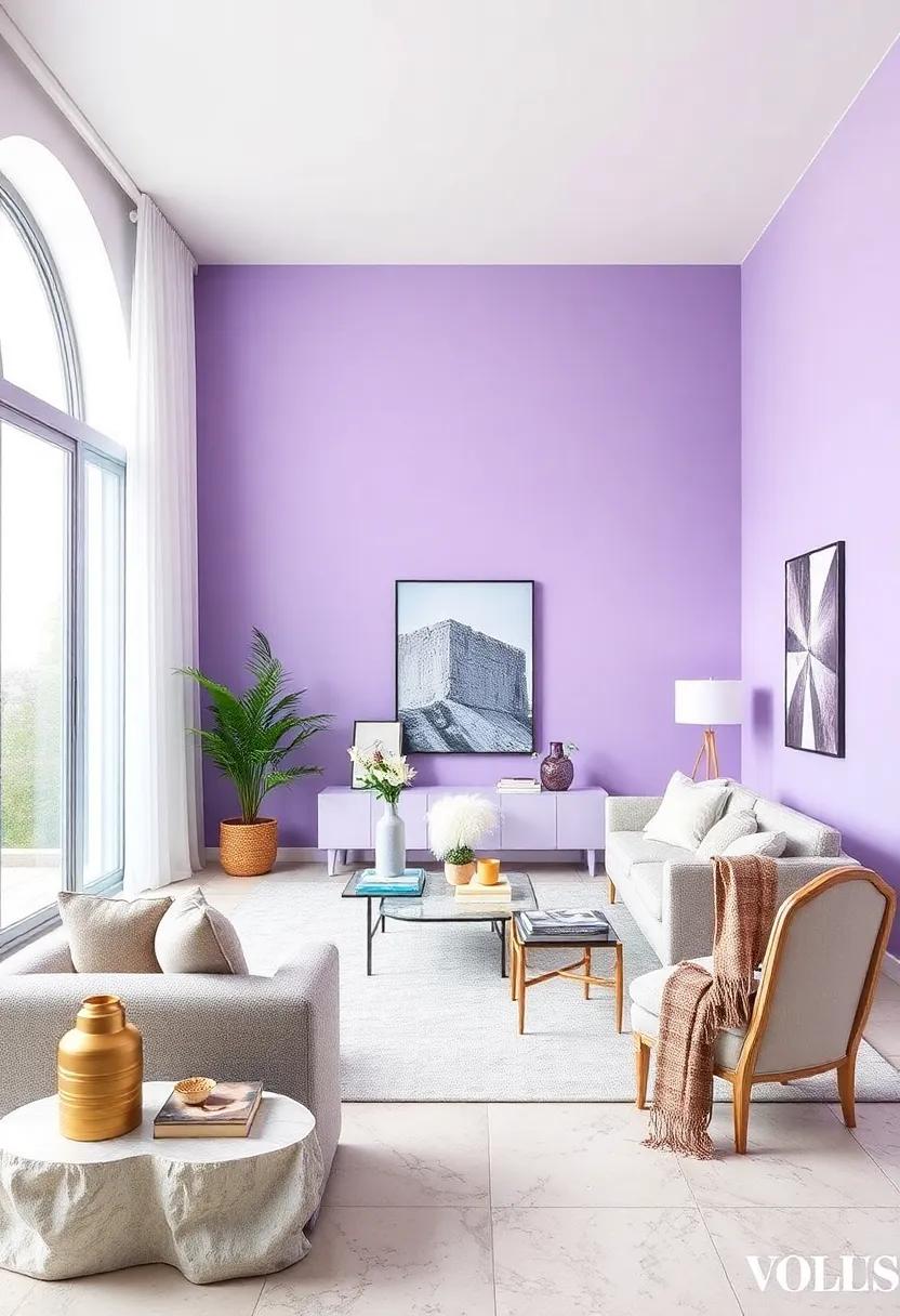 Create a ‍Lavender Feature Wall: Paint ​one wall in a⁣ soft lavender hue‍ for a striking yet ⁢calming‌ focal ⁣point in your living area or bedroom