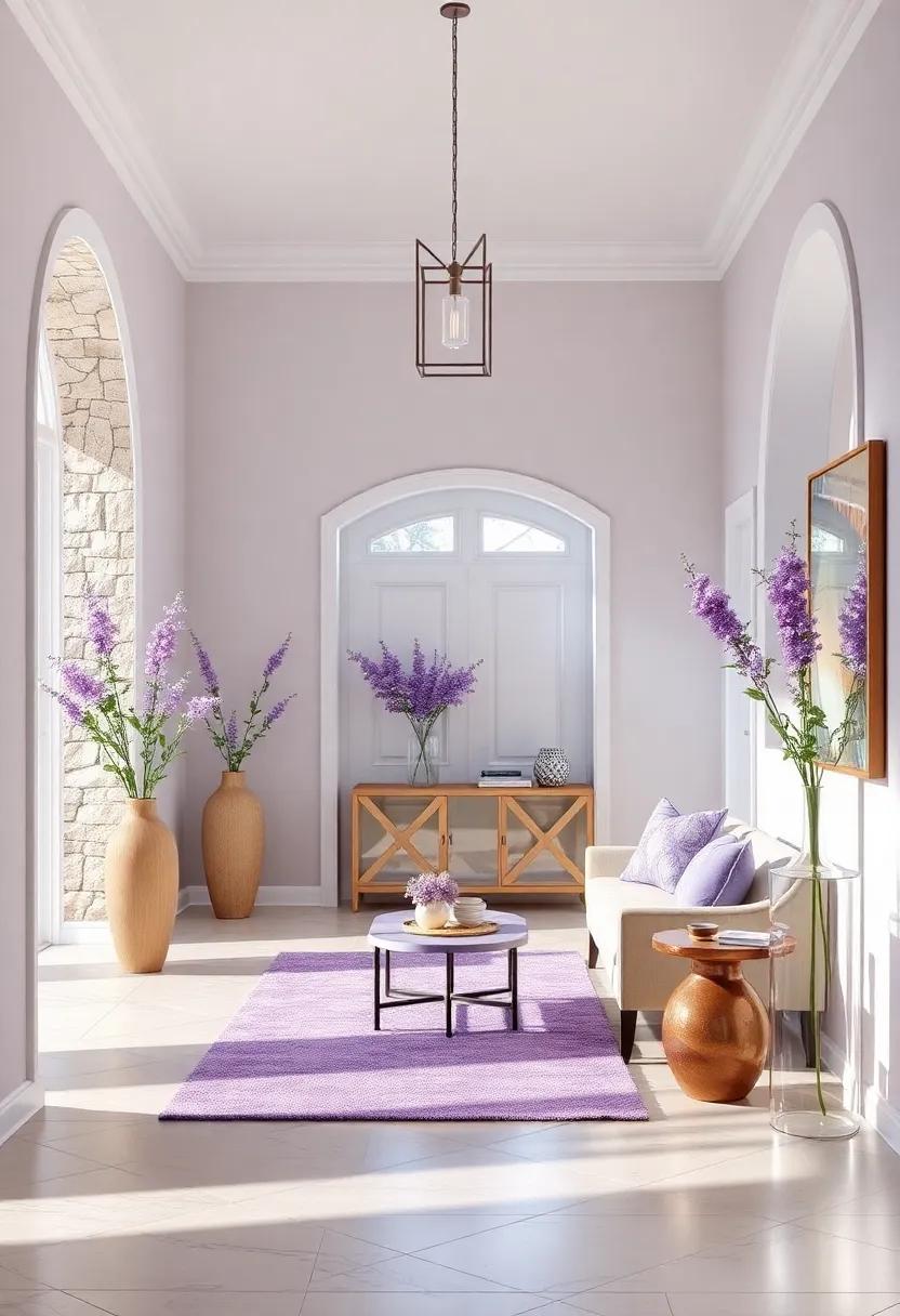 Craft an Inviting Lavender Entryway: Style your foyer with lavender accents, from a chic console ⁣table to decorative vases, making a ⁤memorable first impression