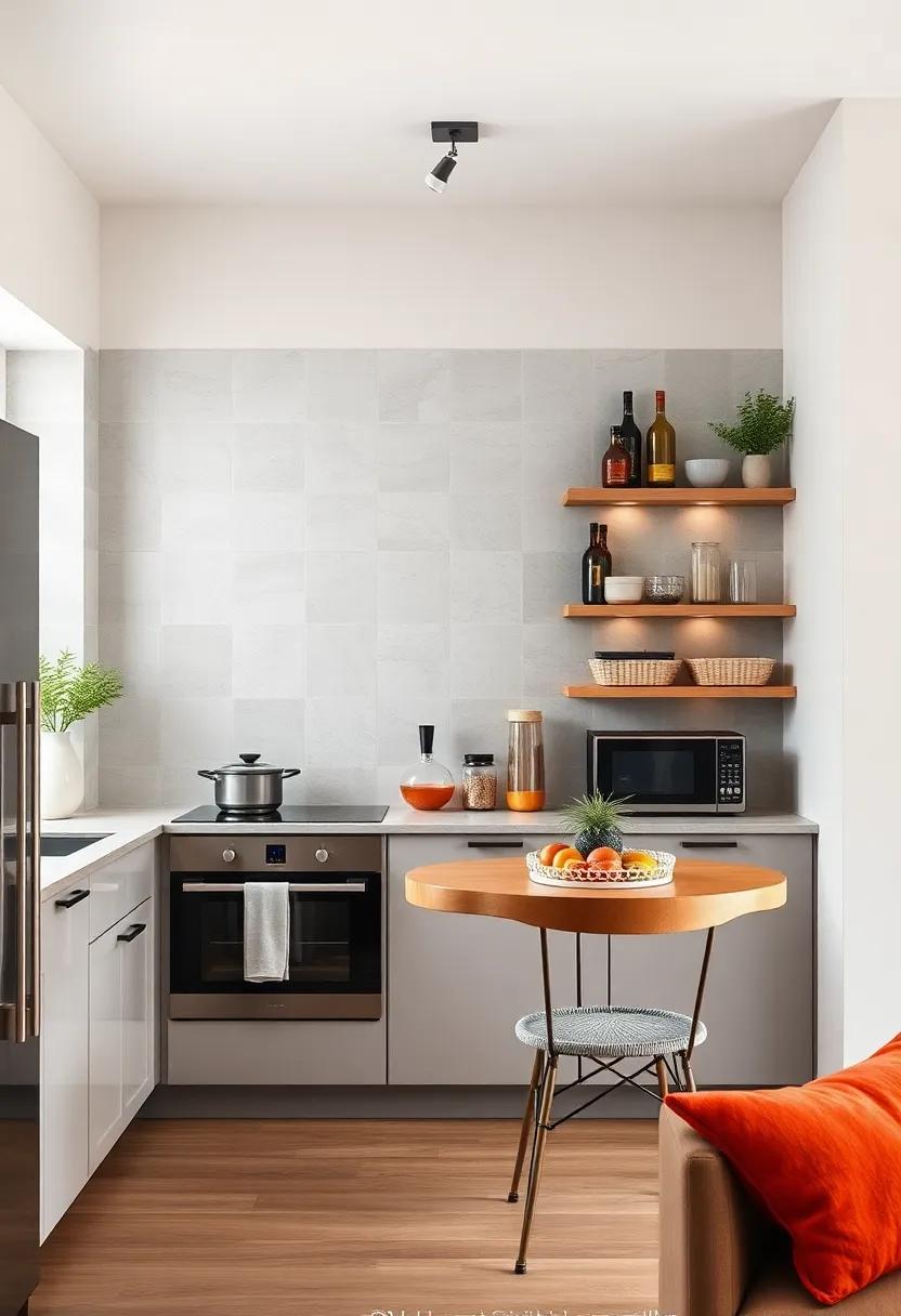 Be amazed by a cozy kitchen showcasing corner shelving that cleverly conceals​ kitchen tools while adding a decorative touch ‍to the decor