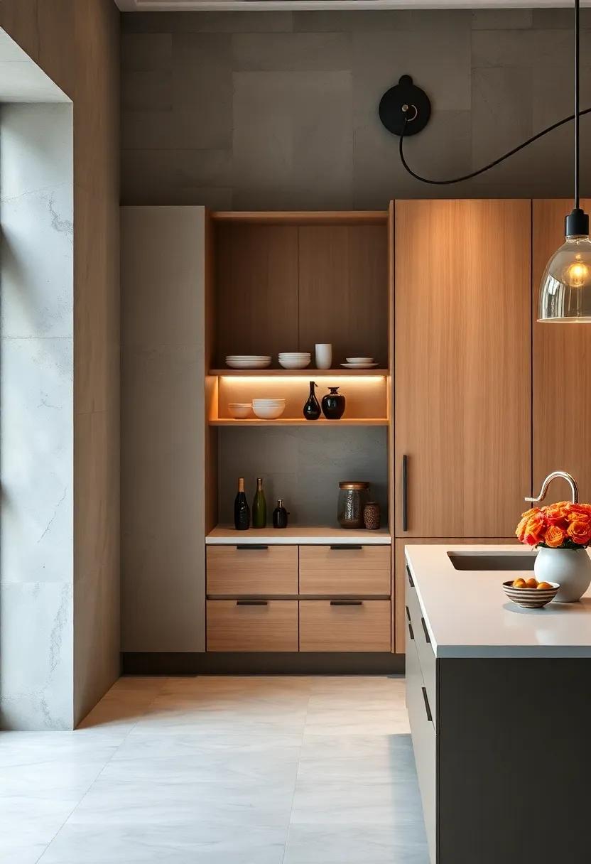 Discover⁢ a kitchen⁢ that showcases an innovative use of cabinetry with sliding doors concealing⁣ a small coffee bar, perfect for brewing ⁢without‍ cluttering‌ the countertop