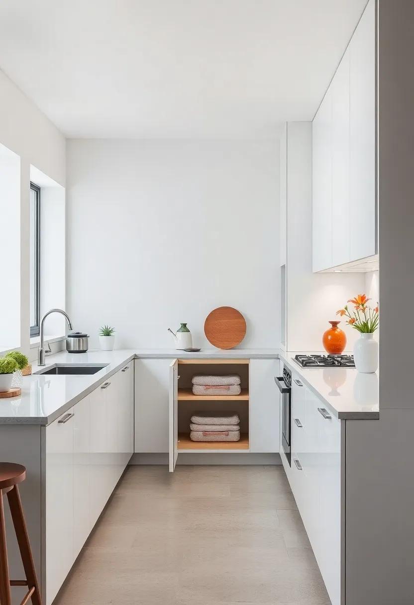 Embrace the‌ simplicity of⁤ a sleek, white ⁢kitchen featuring a hidden pull-out pantry that seamlessly blends into ‌the cabinetry, keeping your⁣ essentials⁢ neatly⁣ tucked away