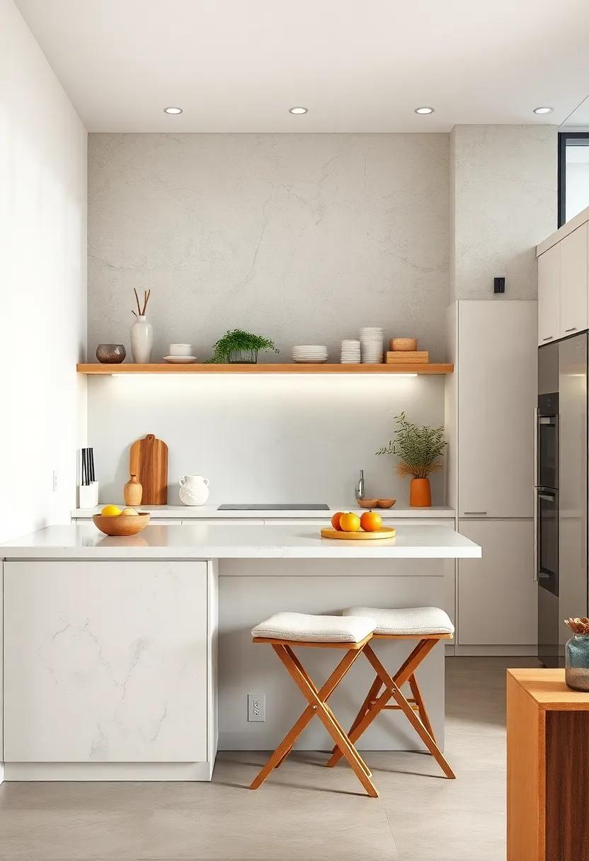 Experience the magic of a ⁤minimalist ‌kitchen ⁣showcasing ‌fold-away ⁢stools that ​can be ⁤tucked into a⁤ hidden compartment, perfect for⁣ impromptu‌ gatherings⁣ without hindering space