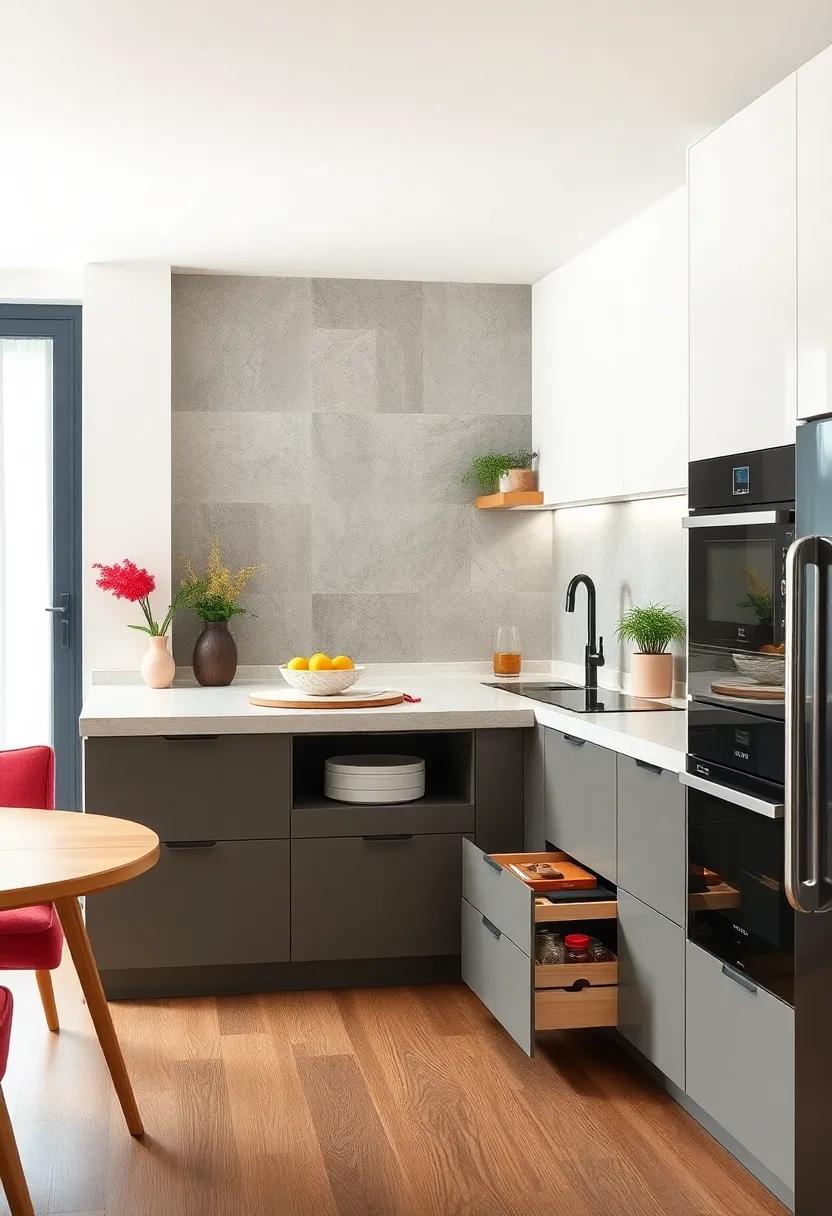 Marvel at a compact kitchen with‍ built-in drawer systems ​tucked‌ beneath the counter, offering ample space for utensils ​while ⁣maintaining a clean, uncluttered ‌look