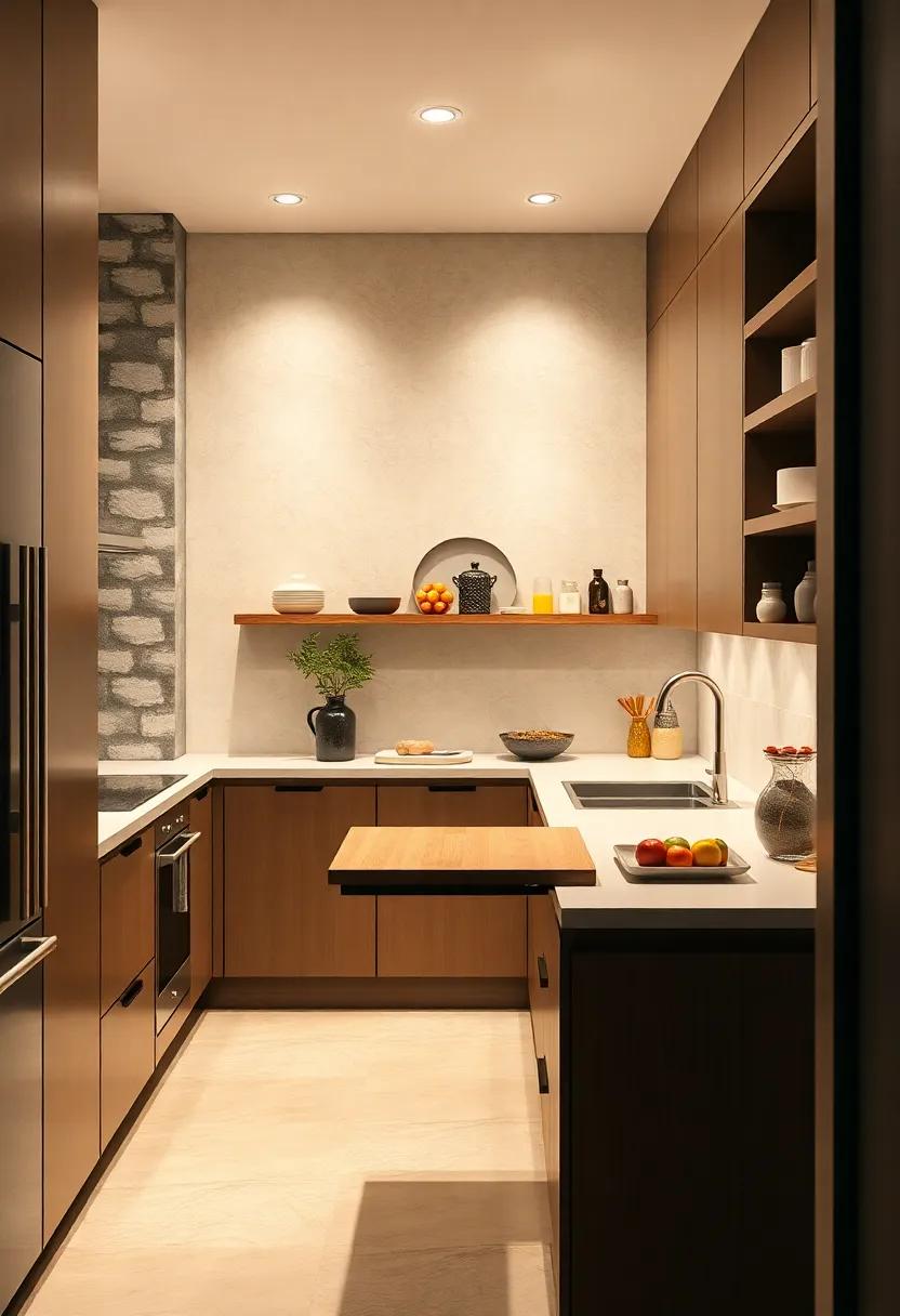 Witness the​ creativity of a galley kitchen featuring ⁣a hidden pull-out cutting ‌board integrated‌ into‍ the countertop,⁤ allowing‌ for easy meal ‍prep while saving​ space