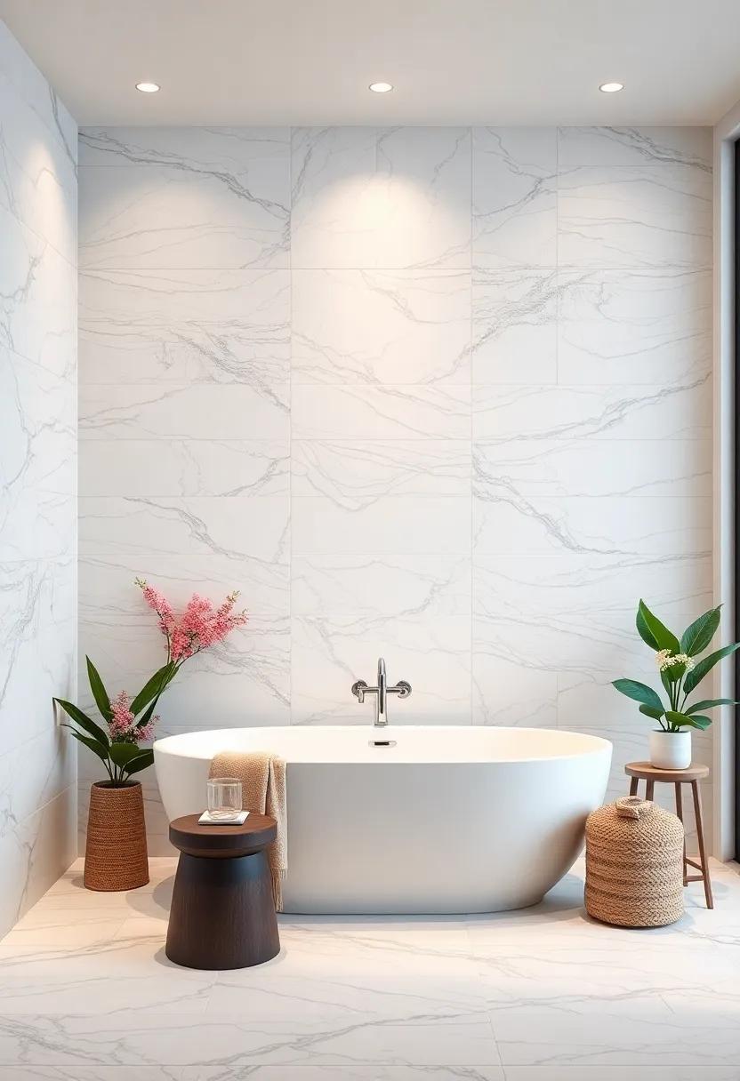 Elegant White Marble: ⁣Delve into the timeless elegance of white marble tiles, showcasing stunning veining that can elevate any bathroom decor