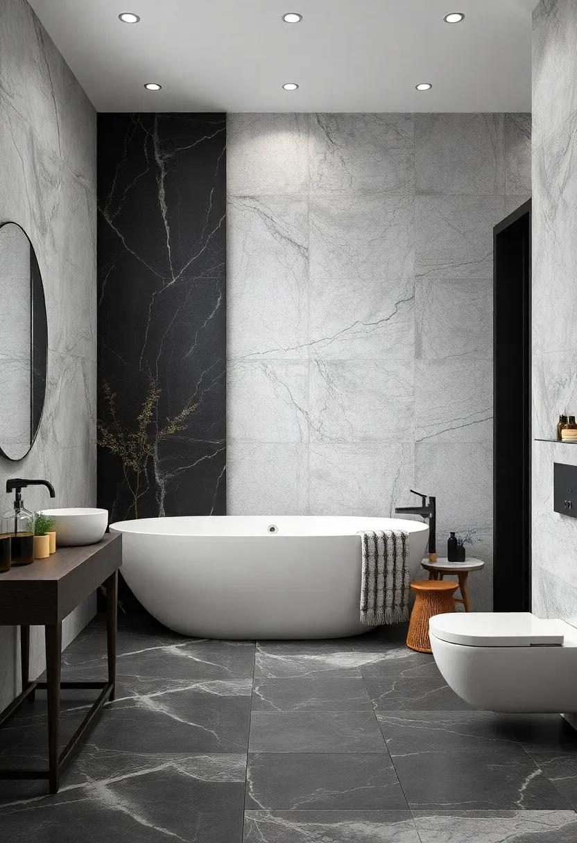 Timeless Black and White: See how‌ a monochromatic approach using black and white natural stone tiles can create a chic and classic look ‍in your bathroom