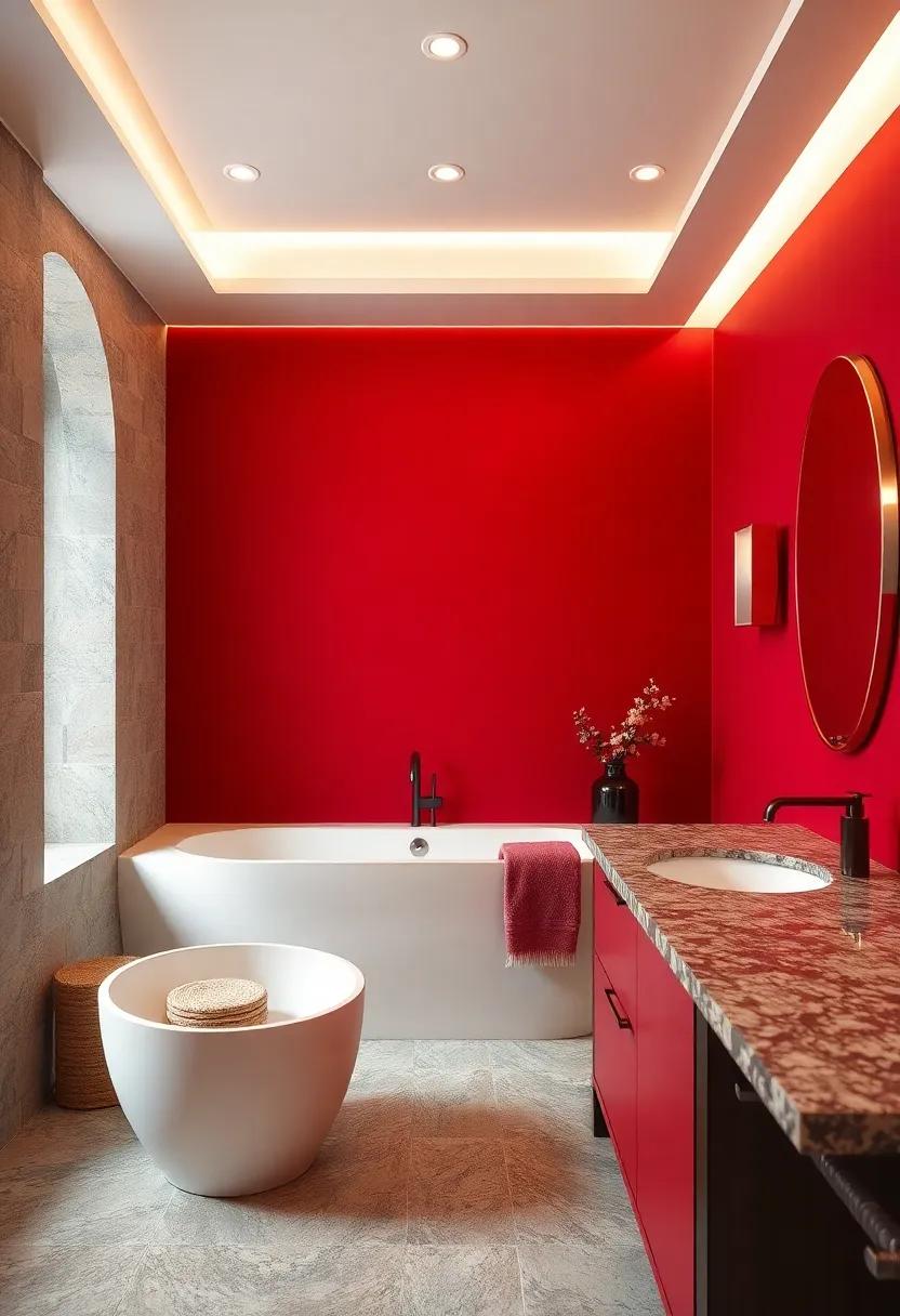 Ruby Red⁤ and Eggshell: Create a bold statement with ruby red splashed against ⁢a calming⁤ eggshell backdrop,complemented by rich granite