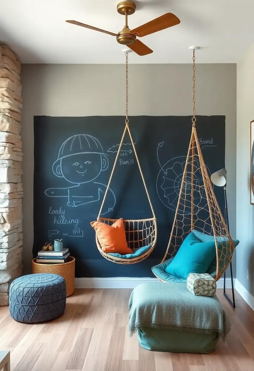 Artistic expression: Position a hanging chair in front‍ of a chalkboard wall, encouraging creative thinking and making ​it an interactive space