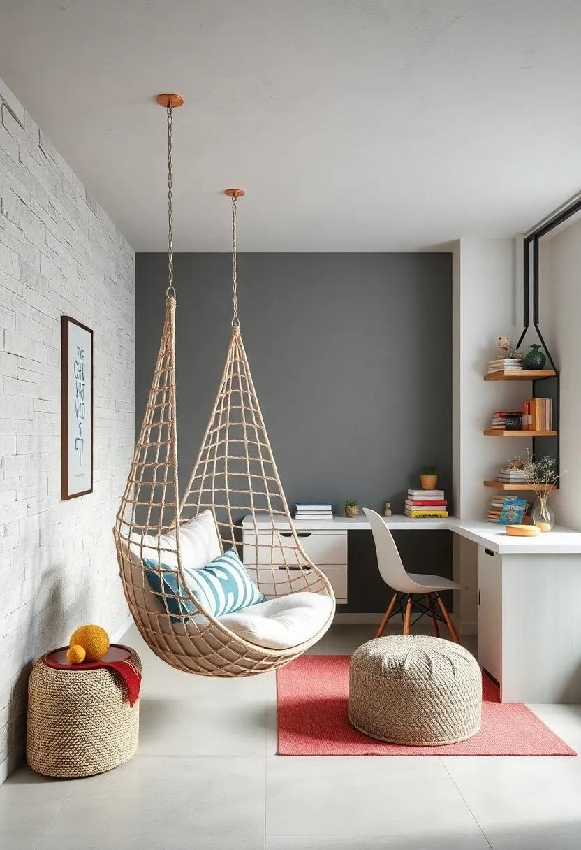 Chic Workspace: Use a designer hanging chair as part of a homework nook, blending style with ​functionality while keeping the space ⁢youthful and inviting
