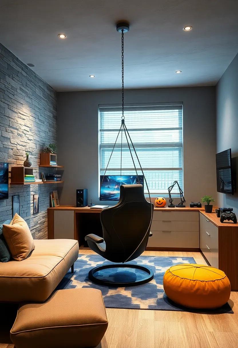 Gaming Command Center: Design a gaming nook‍ with a high-tech ‍hanging‍ chair that enhances comfort during long gaming sessions, all while⁣ looking stylish