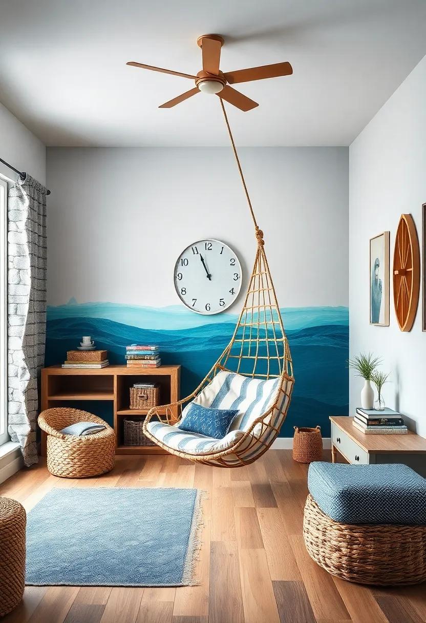 Nautical Adventure: Bring the beach indoors with a ​nautical-themed hanging chair set against oceanic colors, perfect for ‌a calming⁢ coastal retreat