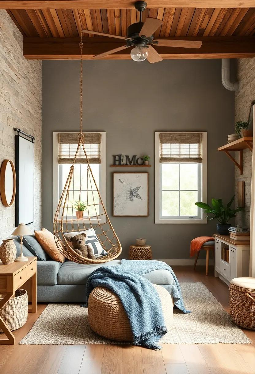 Rustic Retreat: Integrate a wooden hanging chair paired with ​farmhouse décor elements to create a‌ warm, inviting space with a rustic charm