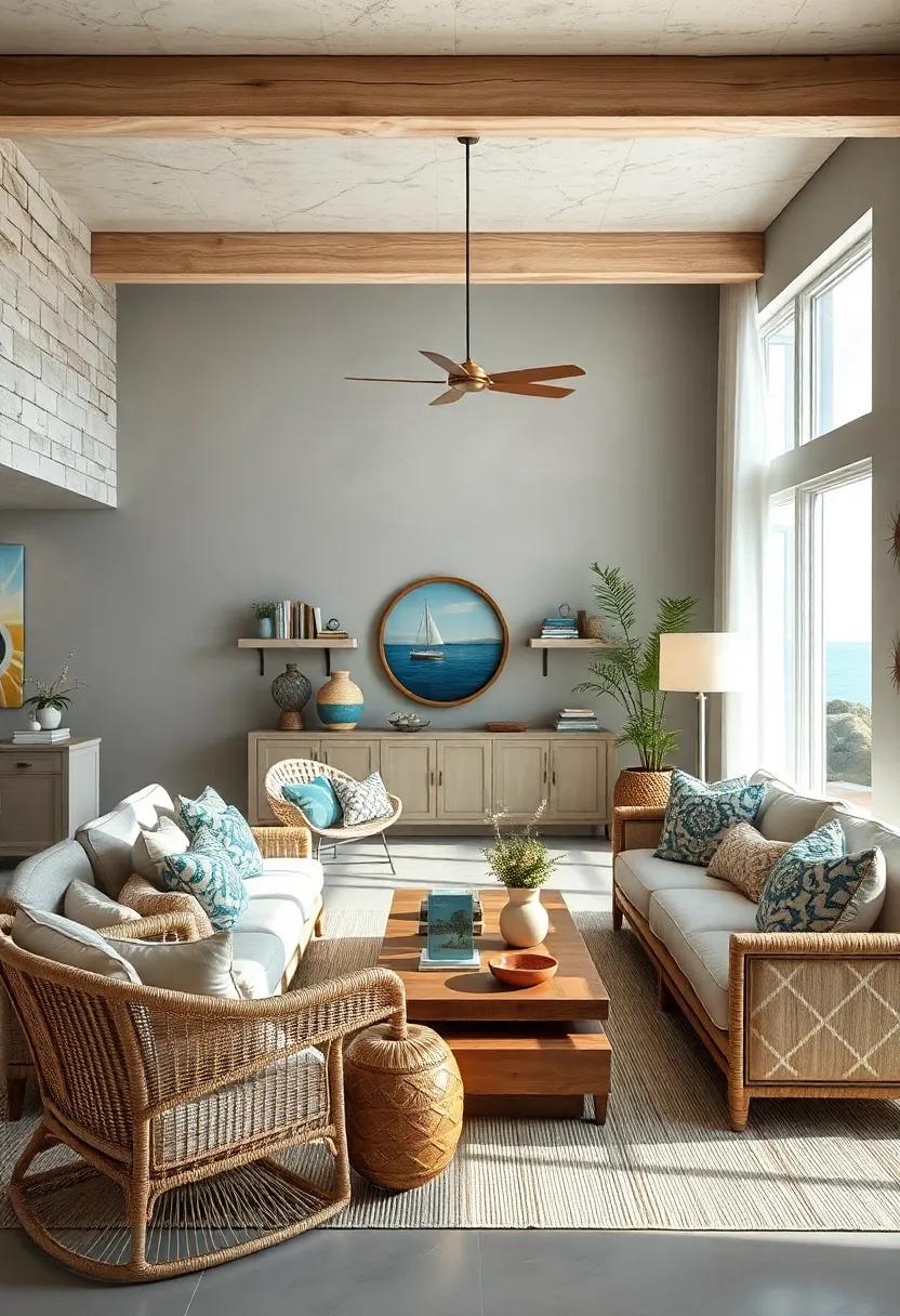 Textile​ Variety: Experiment with a mix of fabrics like canvas, cotton, and linen for curtains and upholstery to amplify the relaxed coastal vibe