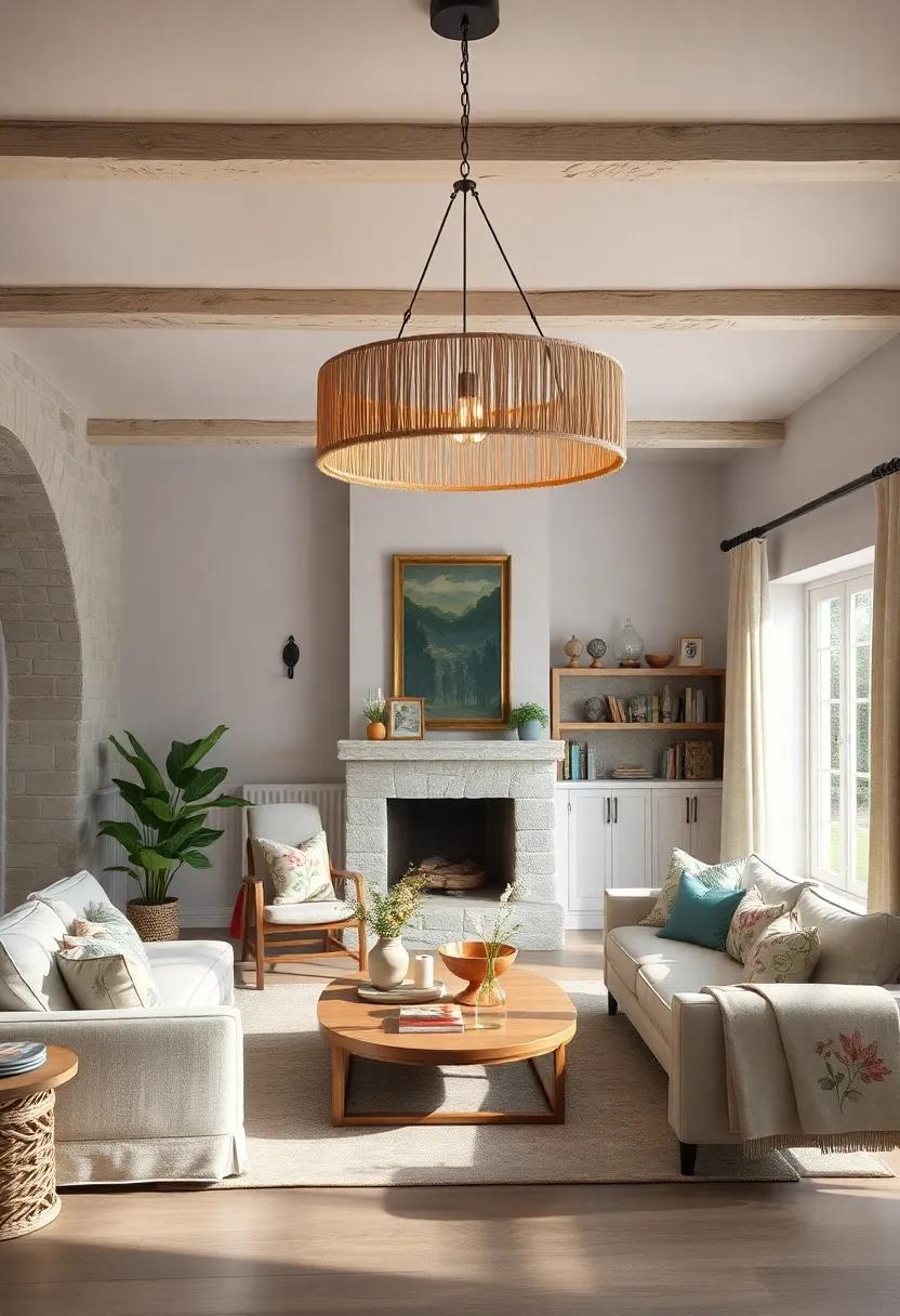 Find inspiration in a chic cottage setting ​with a drum chandelier made‌ of natural fibers, perfectly complementing the pale ⁤pastel hues and botanical prints used throughout the ⁣decor