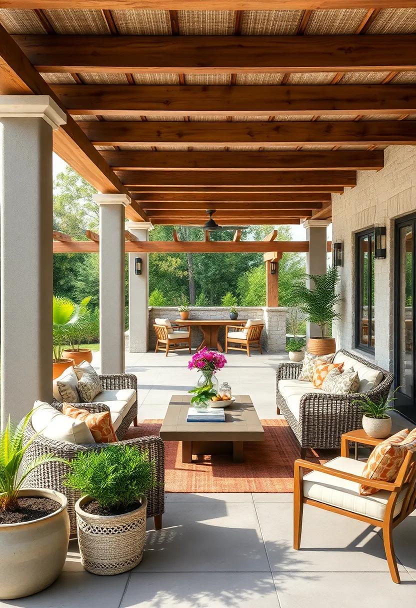 Rustic Retreat: Explore the charm of a rustic patio adorned⁢ with ⁤reclaimed ​wood furniture, woven textiles, and a sturdy wooden⁢ pergola​ that harmonizes⁢ with nature