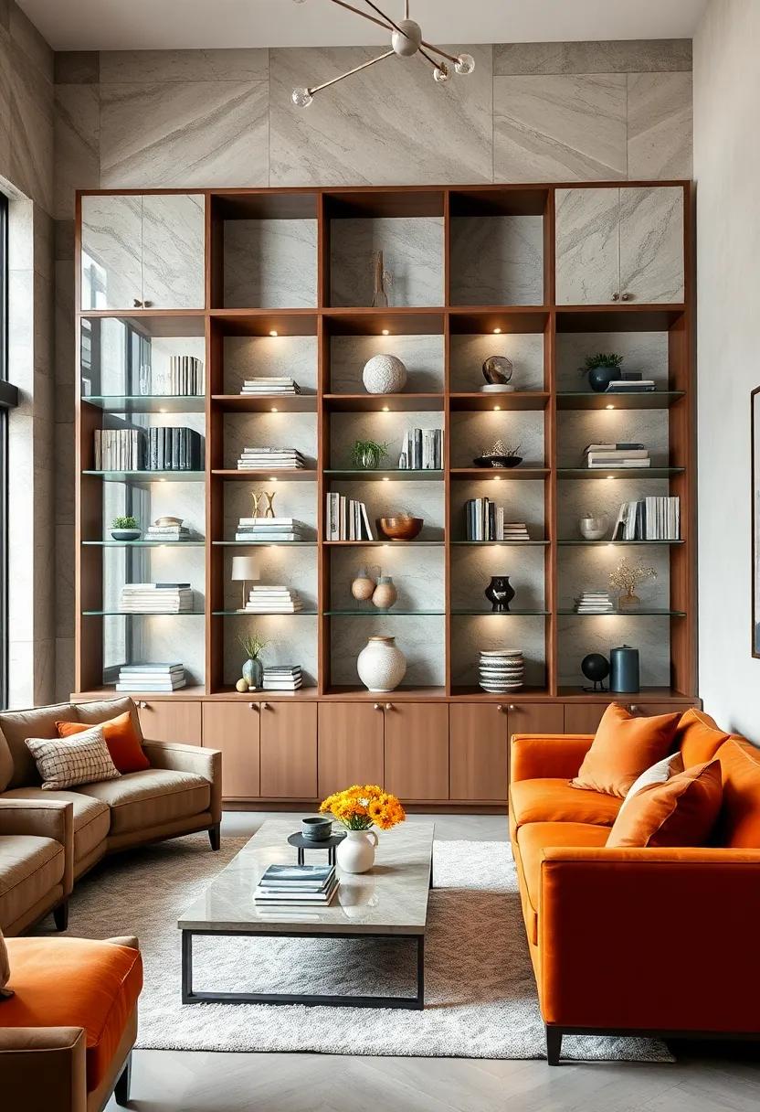 Create a harmonious balance in your living room‌ with a symmetrical bookcase where glass shelves serve as the perfect backdrop for⁤ curated decor