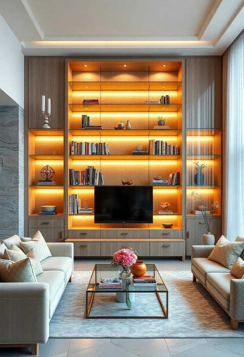 Explore ‌the luxury of a chic, backlit glass bookcase that not only illuminates your collection but serves‌ as a striking focal ⁤point in your living room
