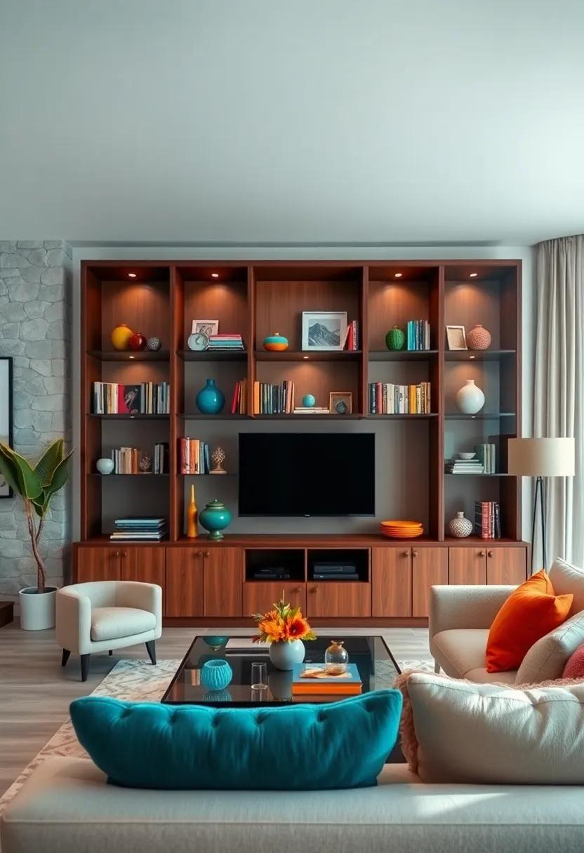 Infuse⁤ a pop⁢ of color‍ with‌ an eclectic bookcase where vibrant glass shelves ‍contrast​ beautifully with‌ darker wooden ⁣frames, ⁢catching ​the‌ eye and sparking joy