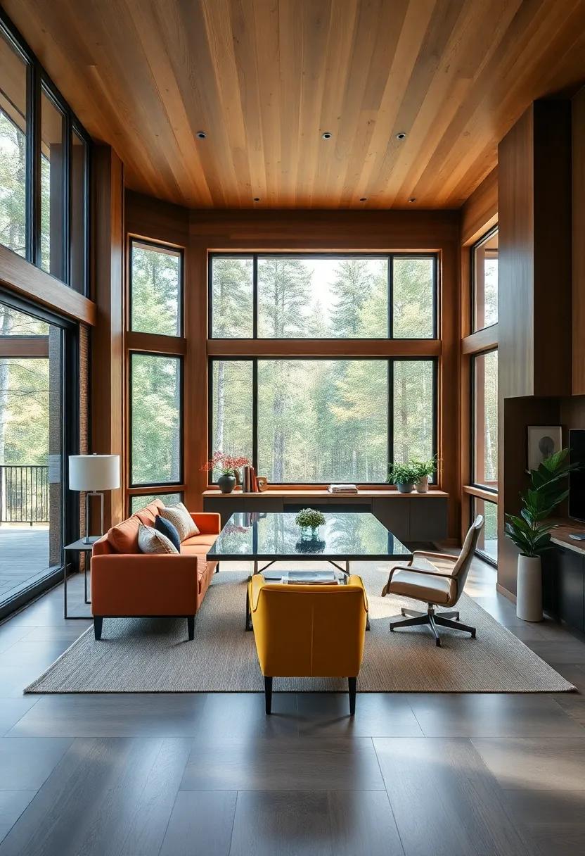 Forest ‍Retreat: A sophisticated⁢ office with wooden finishes and expansive windows that frame‌ views of the surrounding forest, ‌creating a peaceful and productive atmosphere