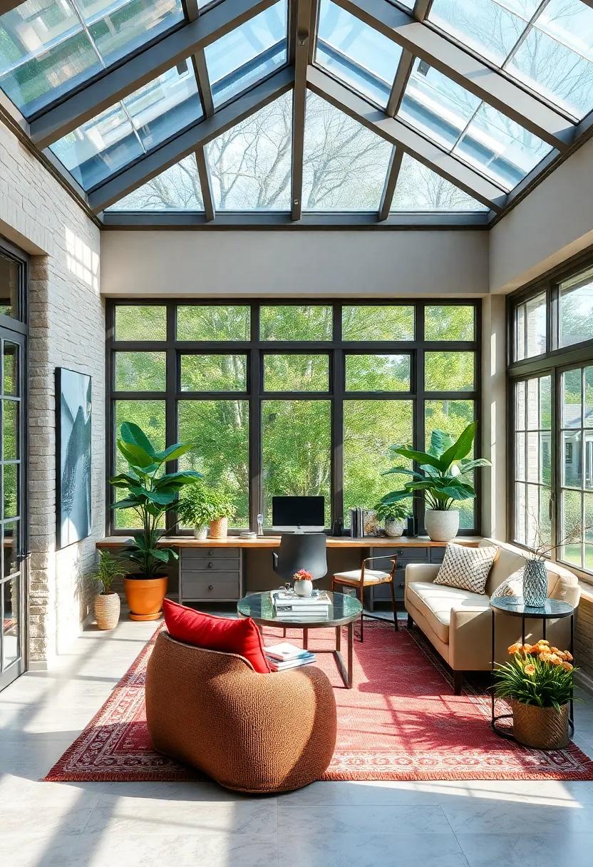 Serene Solarium: A sunroom transformed into ​a ​productive home ⁢office, surrounded by nature and filled with natural light, offering an invigorating ⁤workspace