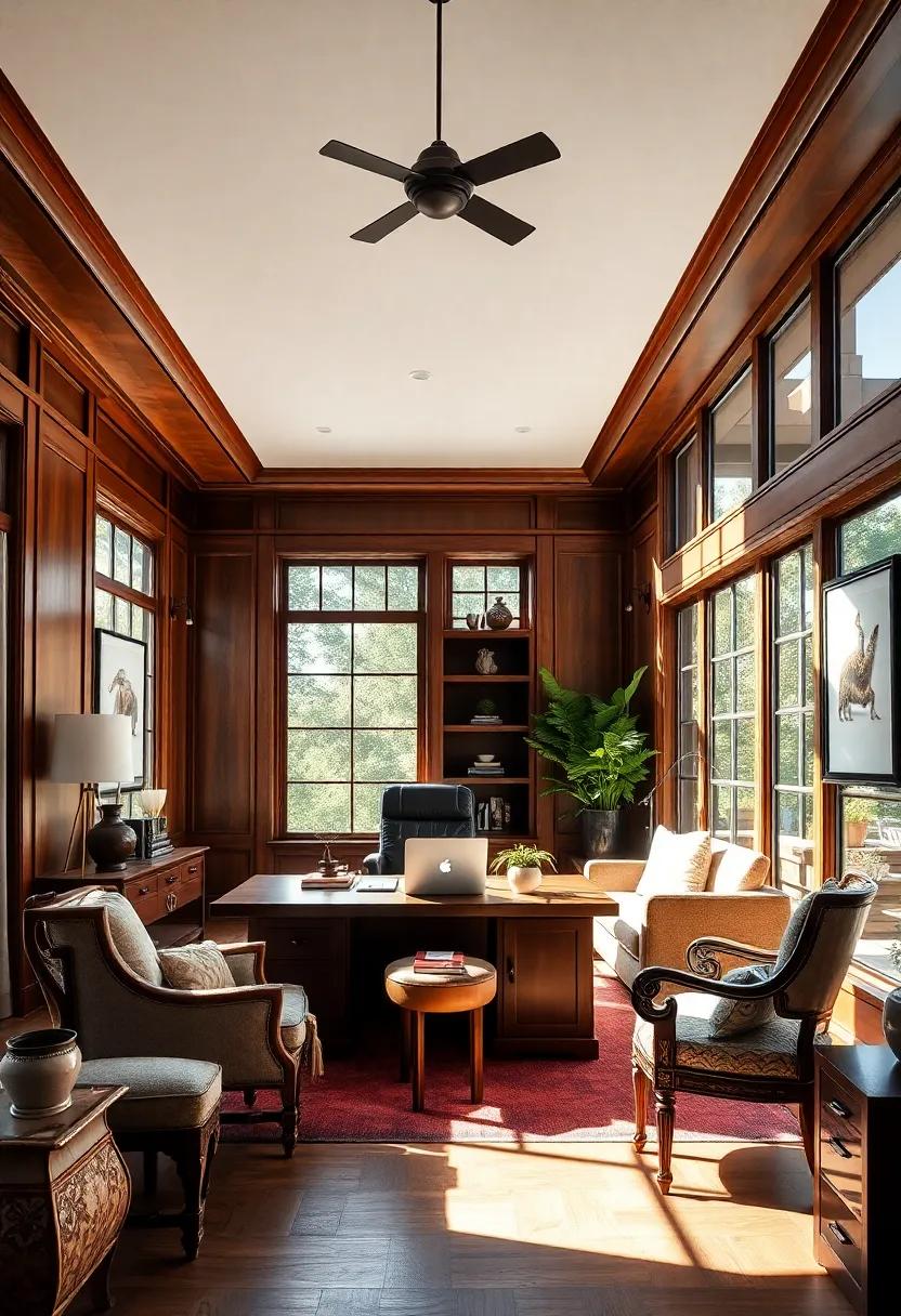 Classic Luxury: A timeless ⁢office with rich wood paneling and large windows, where traditional ​style‌ meets ample sunlight, creating a perfect ambiance for⁤ focused‌ work