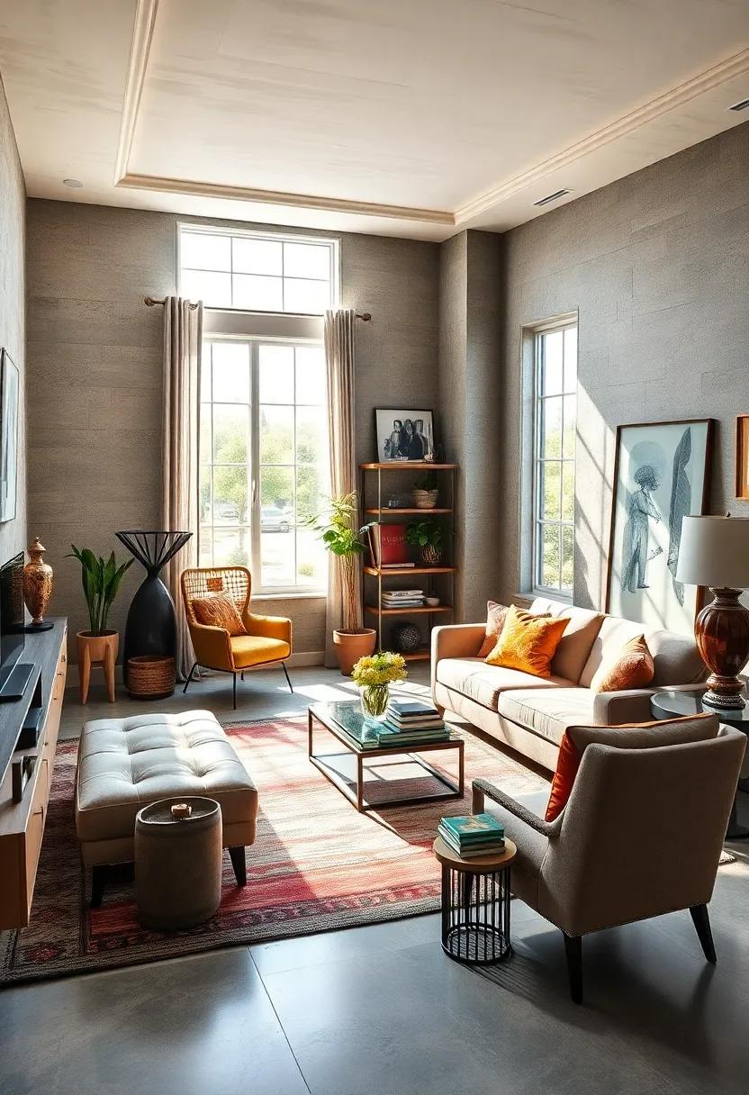 Elegant ​Eclectic: An artistic home office filled with unique decor that showcases a mix of colors and textures, ‌enhanced by⁢ the‌ natural light flooding ​through expansive windows
