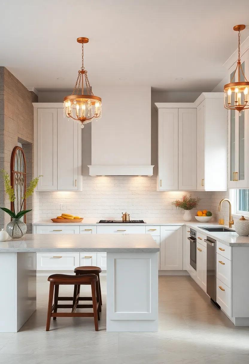 Glamorous Touch: Revel in the luxurious feel of a kitchen⁣ featuring white cabinets accented with⁣ gold hardware⁣ and eye-catching chandeliers for a touch of ⁤glamour