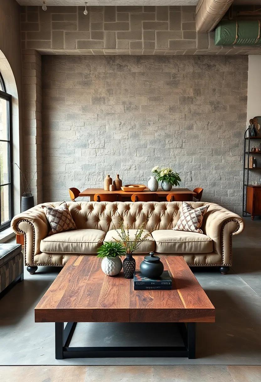 Vintage Chesterfield Sofa Meets Industrial Coffee Table: The juxtaposition of plush elegance and⁤ rugged materials ​creates ⁢a captivating lounge area that ⁢invites conversation