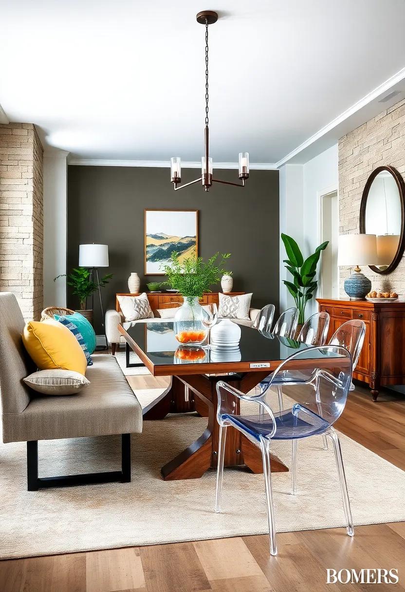 Farmhouse Bench with Contemporary Acrylic Dining Chairs: The blending of ‌solid ‌craftsmanship and modern transparency creates intrigue in your gathering space