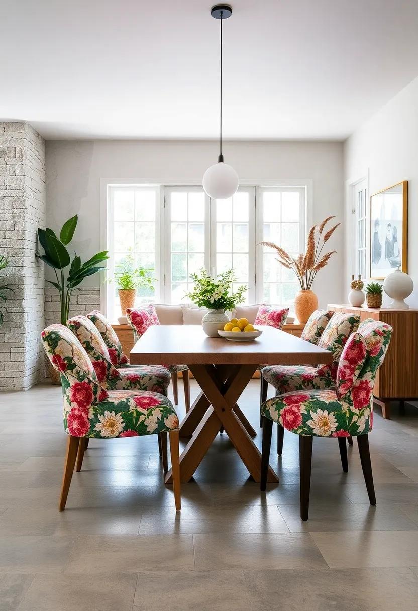 Bold‌ floral Upholstered Chairs with a Simple Wood Table: Make a statement by combining intricate patterns with clean lines, a great way to energize your dining space