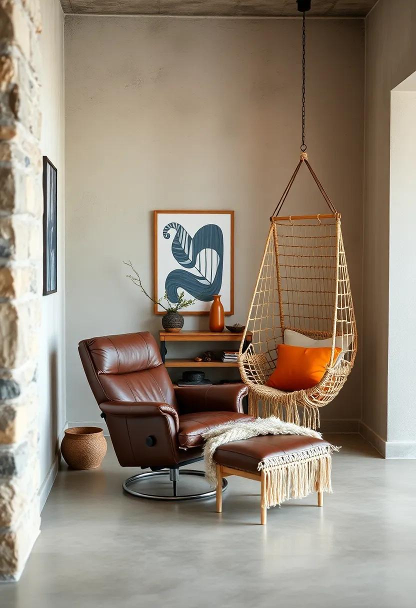 Leather recliner paired with a Macramé Swing Chair: Mix textures for an inviting and playful⁢ nook that encourages relaxation and enjoyment