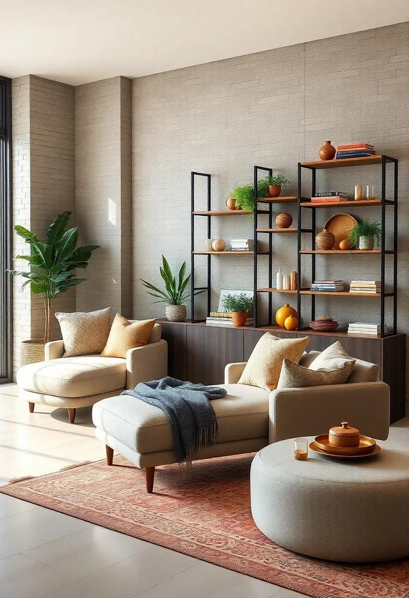 Cozy Chaise Lounge next to a Geometric Shelving Unit: A fusion of comfort and functionality that invites relaxation ⁢while utilizing vertical space creatively
