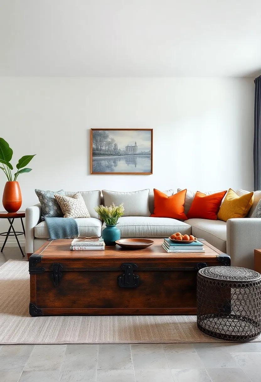 Antique Trunk as a Coffee Table with Modern ⁢Sectional Sofa: ‌An unexpected⁤ focal point ‍invites curiosity while maintaining comfort in your living area