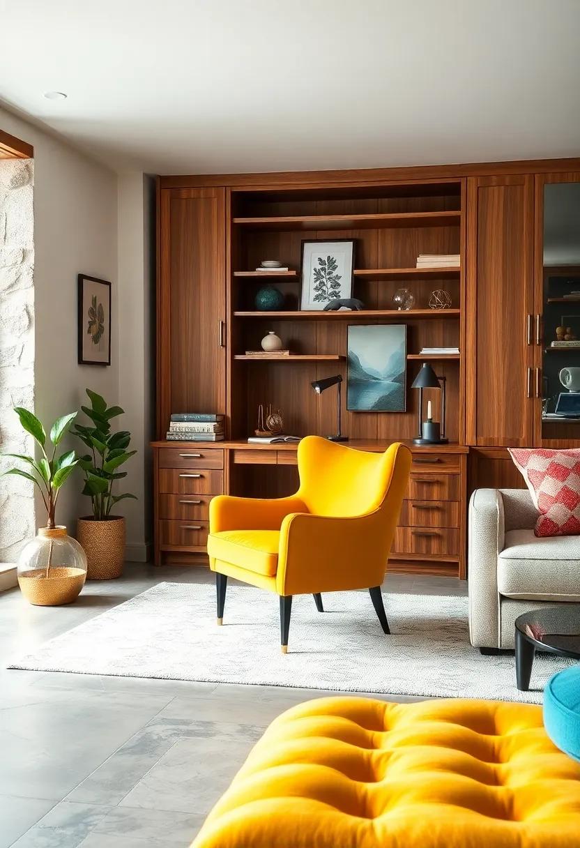Bold Neon Accent Chair with a Classic Oak Desk: Infuse energy into your workspace by pairing a vibrant chair with timeless cabinetry for a‌ lively balance