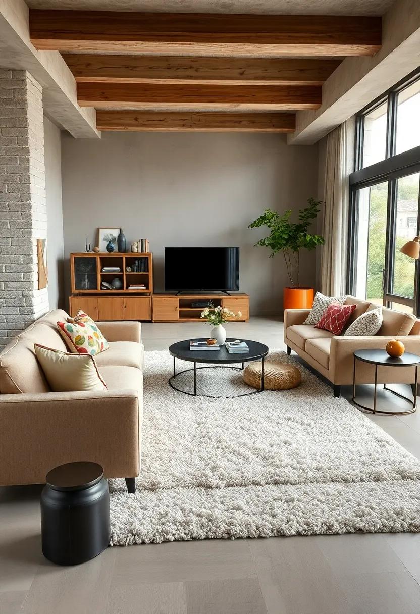 Chic Shag ⁤Rug layered under Modern ​Furniture: A playful textural contrast adds depth and interest, enveloping the room in effortless style