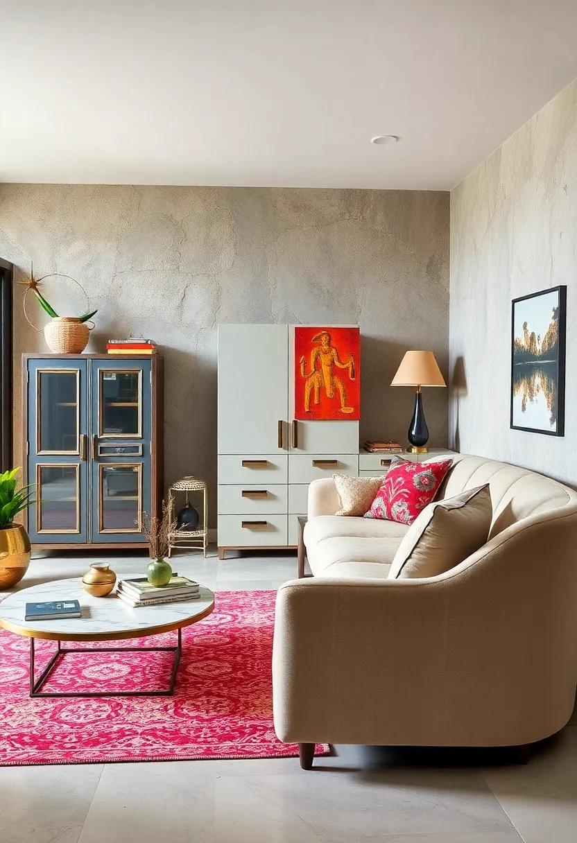 Retro Metal Filing Cabinet with a Soft Curved Sofa: Bold‌ metal finishes⁣ paired‌ with soft materials ‌generate visual tension, sparking interest in home offices