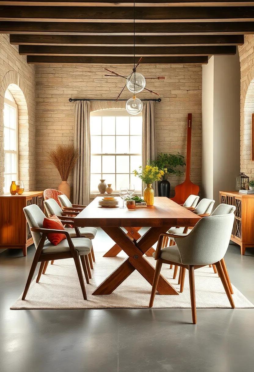 Mid-Century ⁢Modern ​Chairs with a Rustic Farmhouse Table: Embrace the charm of contrasting eras, where sleek lines meet ⁢weathered wood for a ‌warm and ⁣inviting dining experience