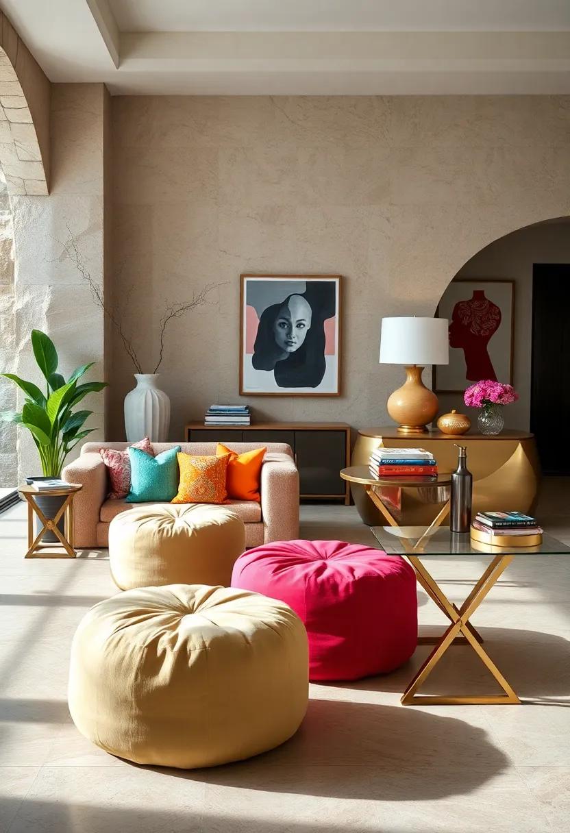 Colorful Bohemian Poufs ⁤with a Chic Metallic console Table: Add a splash of color and creativity with casual seating next to a statement-making surface