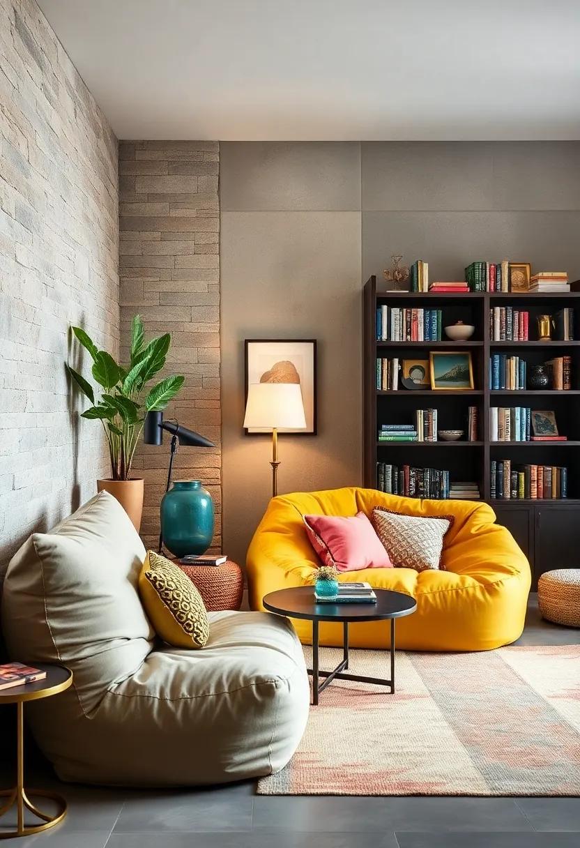 Retro Bean bags with a Stylish Bookcase: Create a cozy reading corner with playful seating options that throw tradition out the window