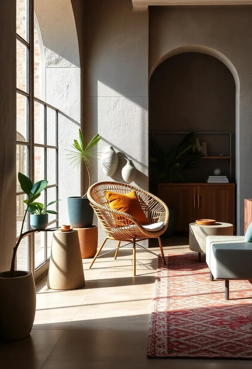Woven Rattan Chair‌ next to a Concrete Side table: Merge organic⁣ and industrial influences to create an inviting spot for sipping coffee and enjoying ⁢good company