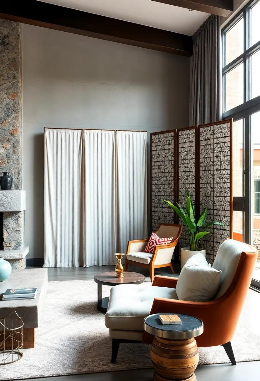 Quirky⁣ Folding screen with an Elegant Lounge Chair: Add an element of surprise by introducing ‍a decorative partition that defines a unique⁢ space‌ within your home