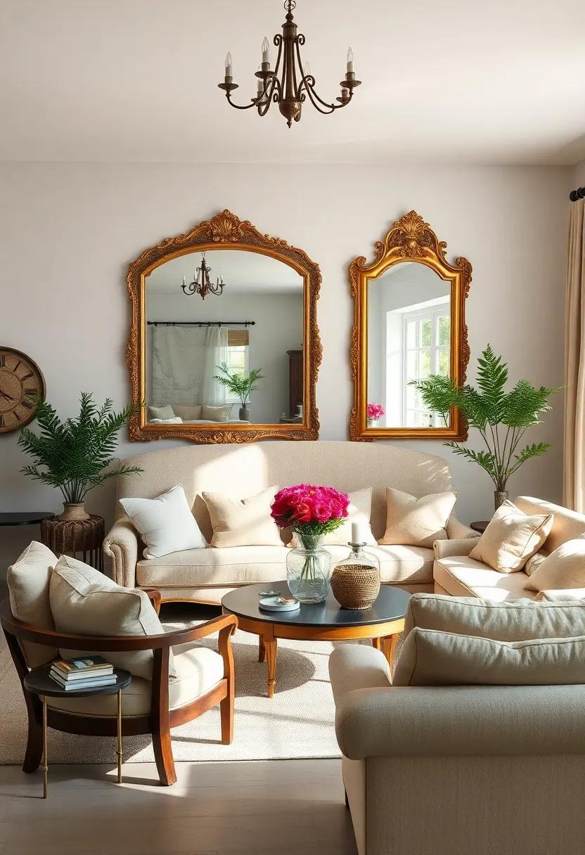 Embrace the warmth​ of rustic charm in a sunlit living room‍ adorned with a vintage gold mirror that reflects the beauty of country ⁣life