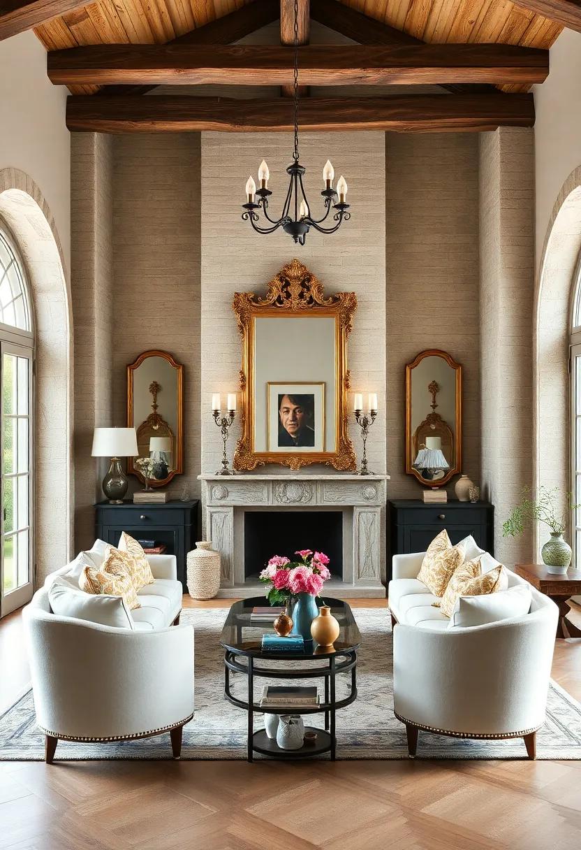 Be captivated by a living room where rustic⁢ beams meet​ a gilded mirror, harmonizing ​history with modern luxury for a timeless appeal