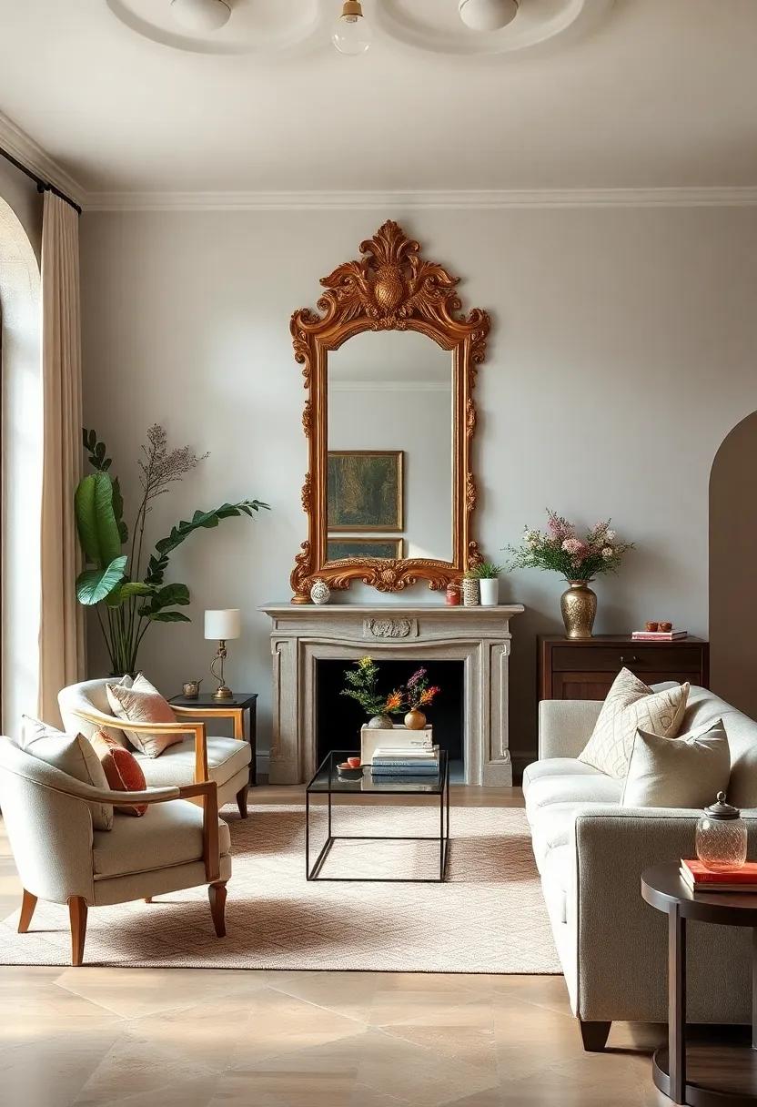 Marvel at the beauty ​of a ⁢light ​and airy room that features‌ a stunning gilt mirror as an eye-catching ⁢centerpiece‌ above an​ earthy ⁢stone fireplace