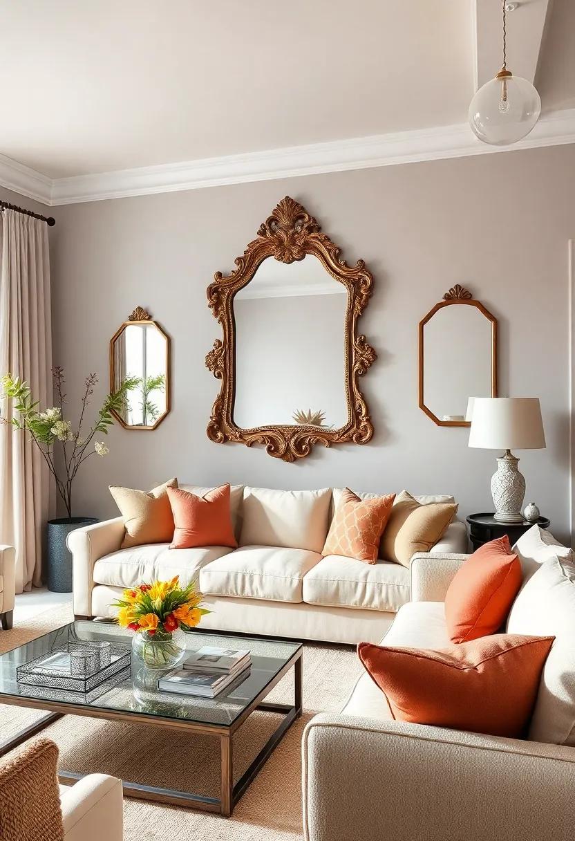 Be inspired by a chic‍ monochromatic living room, where ‍a stunning baroque mirror brings an unexpected twist of drama to⁤ the serene ‌space