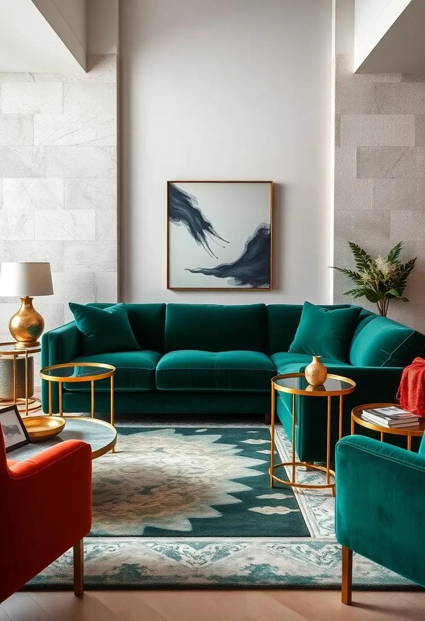 Pair a deep emerald velvet sofa⁢ with‍ gold-framed side tables to create a sophisticated ‌contrast⁢ that radiates⁣ elegance