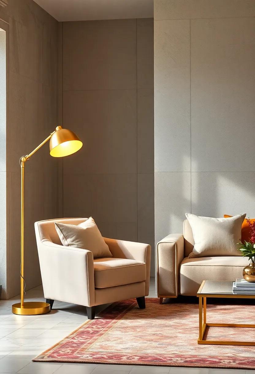 Utilize a gold floor lamp ‍beside a creamy beige‌ velvet armchair, casting a warm glow that accentuates the furniture's​ luxurious feel