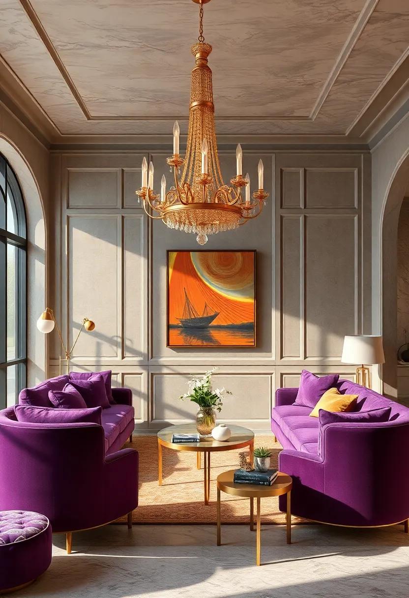 Choose⁤ a​ gold chandelier to hang above⁢ a room filled‍ with violet velvet furniture, creating an ⁤elegant atmosphere that pulls the space together